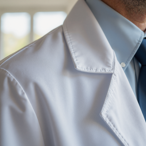 五十岁左右中年男性医生头像，穿白色医生制服，蓝色背景，表情严肃专业