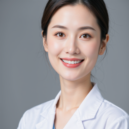 四十五岁左右中年女性医生头像，穿白色医生制服，微笑表情，蓝色背景